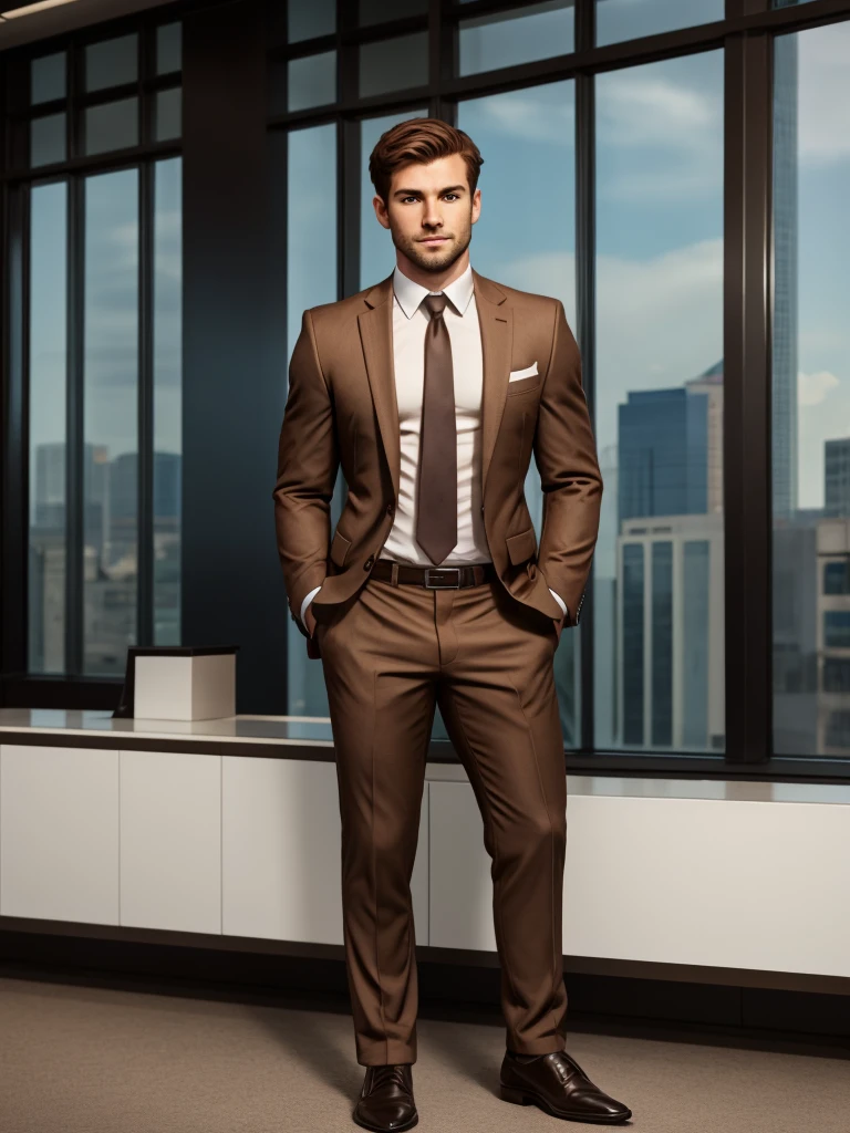 attractive 30 year old athletic man with short brown hair in Hugo boss business suit, full body shot