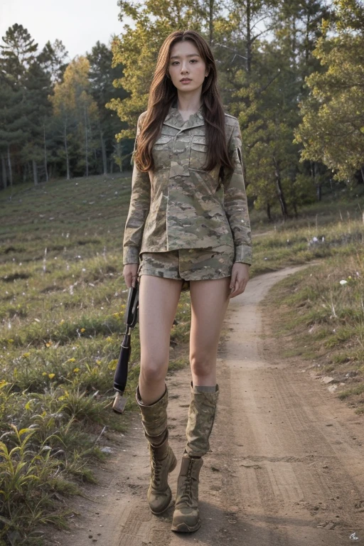 (8k, RAW photos, best quality, masterpiece:1.2),(Practical, photo-Practical:1.37), ((best quality)), Ultra-high resolution,Movie Lighting,Full body portrait, (tense atmosphere:1.2), Five Russian female soldiers，Russian girl，long golden hair，Perfect body，Beautiful long hair，Camouflage，Long slender legs，Five Russian female soldiers站在雪地里