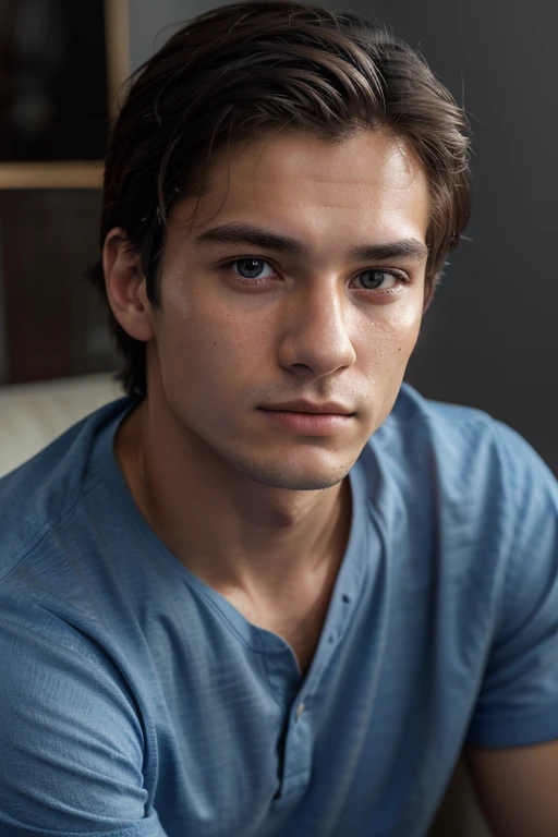 RAW photo, (highly detailed skin:1.2), 8 K, photo of a man in a blue shirt, about 19 years old, 18 years, passport photo, soft lighting, high quality, granularity, Fujifilm XT3, Photorealistic image of a sophisticated man, detailed eyes, looking at the camera, Emotive eyes, Realistic portraits, Zoomed in portraits