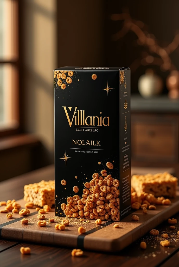Create a poster to promote a (cereal bar) with the packaging written Villania with the colors black and gold