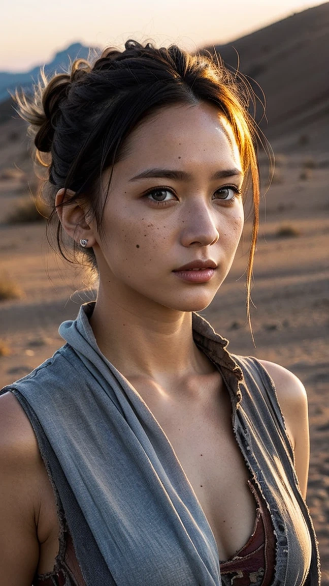 masterpiece, Transition to a desert landscape at sunset, a lonely figure, A beautiful 32-year-old American woman emerges wearing beautiful post-apocalyptic nomadic clothing., White skin, by rubio, gray blue eyes, Freckles in the face, slim body for running, small breasts, Very detailed face, ultra realistic face, very beautiful face, clean but tired face, post-apocalyptic clothing. Layers of tattered fabric, unconventional accessories, and a worn appearance create an aura of survival and resistance., 16k, ultra high resolution.photorealistic, HD, raw, DSLR, with the face of jeniffer lawrence