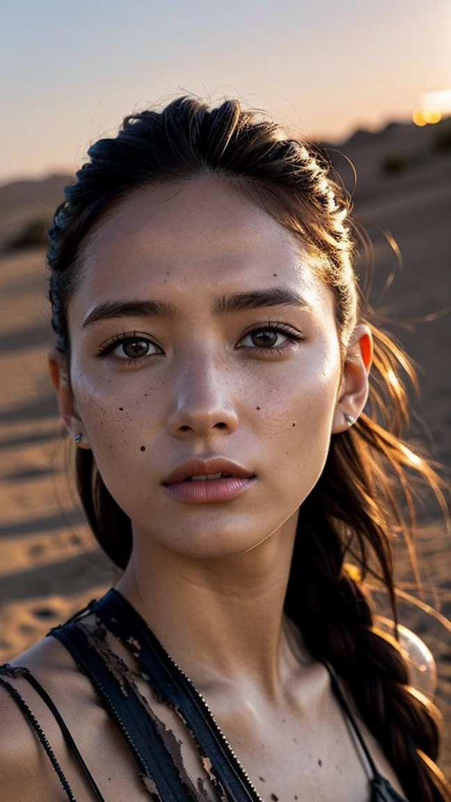 masterpiece, Transition to a desert landscape at sunset, a lonely figure, A beautiful 32-year-old American woman emerges wearing beautiful post-apocalyptic nomadic clothing., White skin, by rubio, gray blue eyes, Freckles in the face, slim body for running, small breasts, Very detailed face, ultra realistic face, very beautiful face, clean but tired face, post-apocalyptic clothing. Layers of tattered fabric, unconventional accessories, and a worn appearance create an aura of survival and resistance., 16k, ultra high resolution.photorealistic, HD, raw, DSLR, with the face of jeniffer lawrence