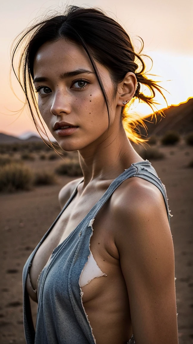 masterpiece, Transition to a desert landscape at sunset, a lonely figure, A beautiful 32-year-old American woman emerges wearing beautiful post-apocalyptic nomadic clothing., White skin, by rubio, gray blue eyes, Freckles in the face, slim body for running, small breasts, Very detailed face, ultra realistic face, very beautiful face, clean but tired face, post-apocalyptic clothing. Layers of tattered fabric, unconventional accessories, and a worn appearance create an aura of survival and resistance., 16k, ultra high resolution.photorealistic, HD, raw, DSLR, with the face of jeniffer lawrence
