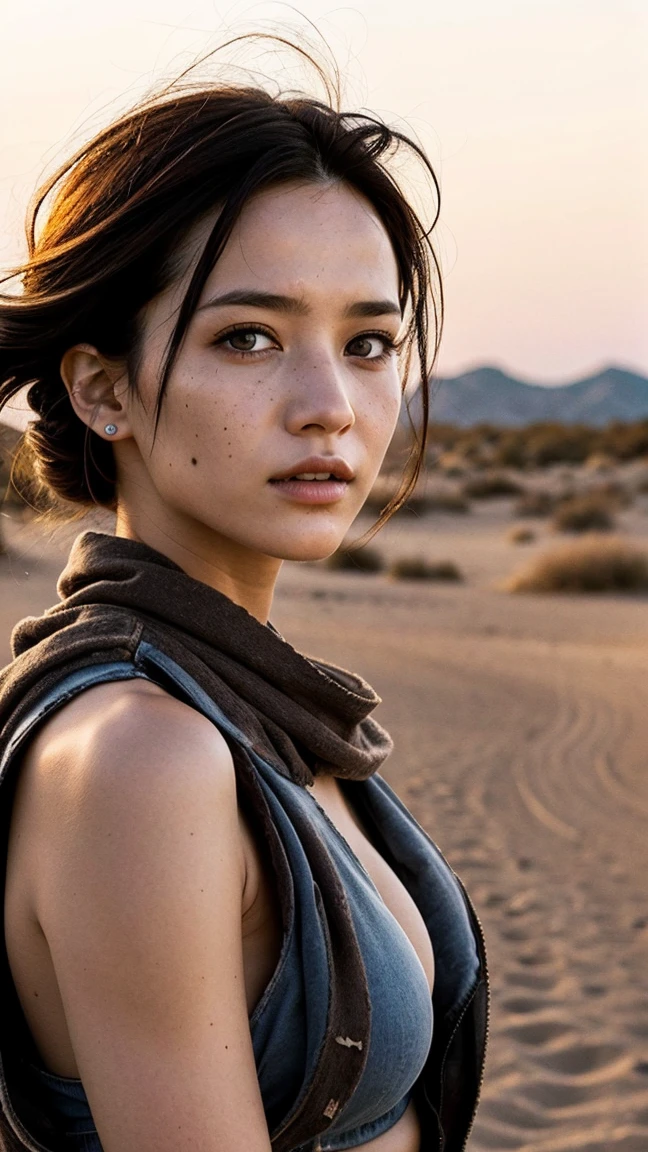 masterpiece, Transition to a desert landscape at sunset, a lonely figure, A beautiful 32-year-old American woman emerges wearing beautiful post-apocalyptic nomadic clothing., White skin, by rubio, gray blue eyes, Freckles in the face, slim body for running, small breasts, Very detailed face, ultra realistic face, very beautiful face, clean but tired face, post-apocalyptic clothing. Layers of tattered fabric, unconventional accessories, and a worn appearance create an aura of survival and resistance., 16k, ultra high resolution.photorealistic, HD, raw, DSLR, with the face of jeniffer lawrence
