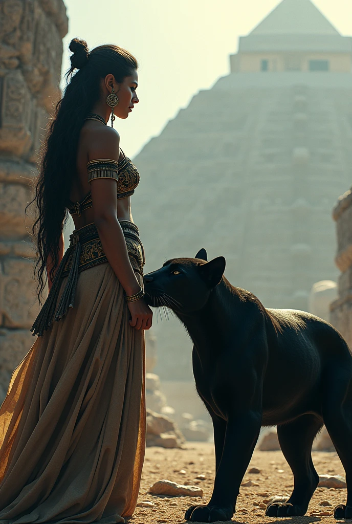 An Aztec woman and a black jaguar, with Aztec pyramids