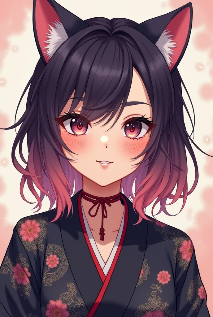 Create a highly detailed and realistic illustration of Catwoman (Cat girl). Characters should have large, expressive eyes，With a little anime style, The freckles on her cheeks, And soft makeup. Her hair should be a mix of dark purple and pink, Slightly messy but charming, Cat ears sticking out from the top. She should be wearing traditional Japanese clothing with intricate patterns，Wearing a red string necklace. The overall style should combine reality and fantasy.