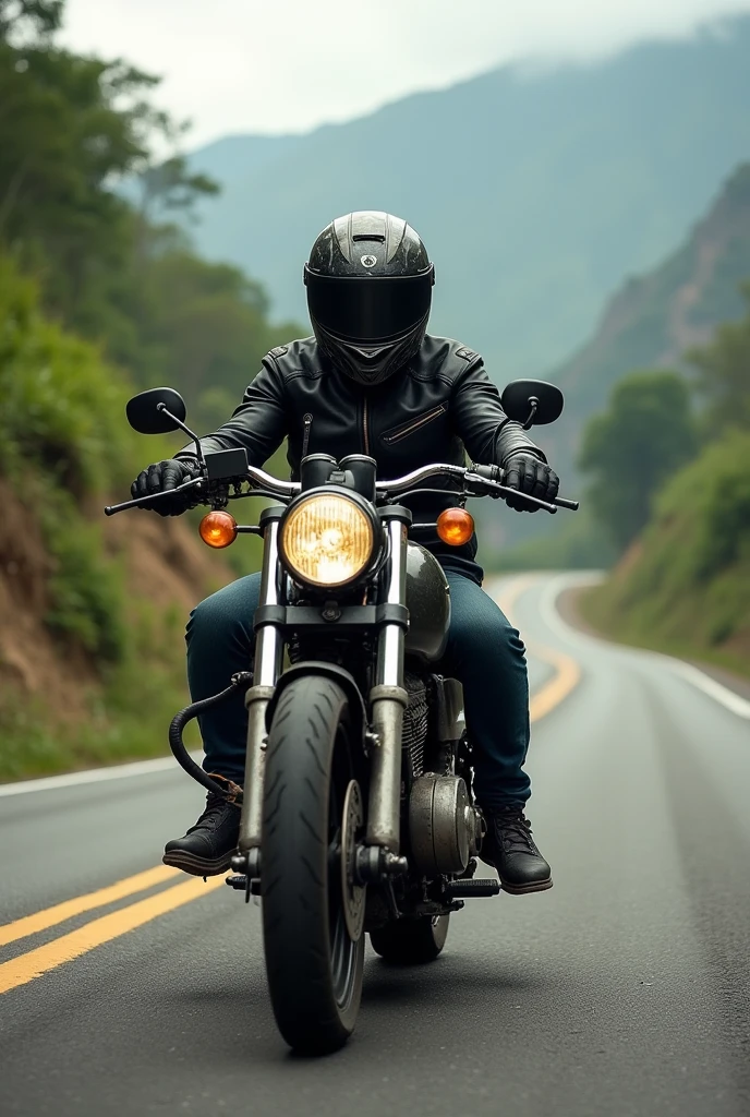 Create me a Facebook profile picture that looks real where I appear with a motorcycle helmet covering my face driving my motorcycle on the road but that is more realistic driving on the roads of Chiapas
