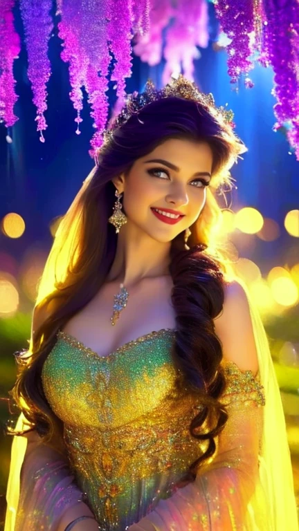 (a beautiful woman in a stunning gown of flowing silk with a radiant smile and captivating eyes),vibrant colors,highres,ultra-detailed,sharp focus,soft lighting,realistic,fantasy-inspired,portraits,subtle color palette,ethereal glow,fairytale,graceful,pastel shades,enchanted garden,lovely flowers,twinkling lights,whimsical ambiance