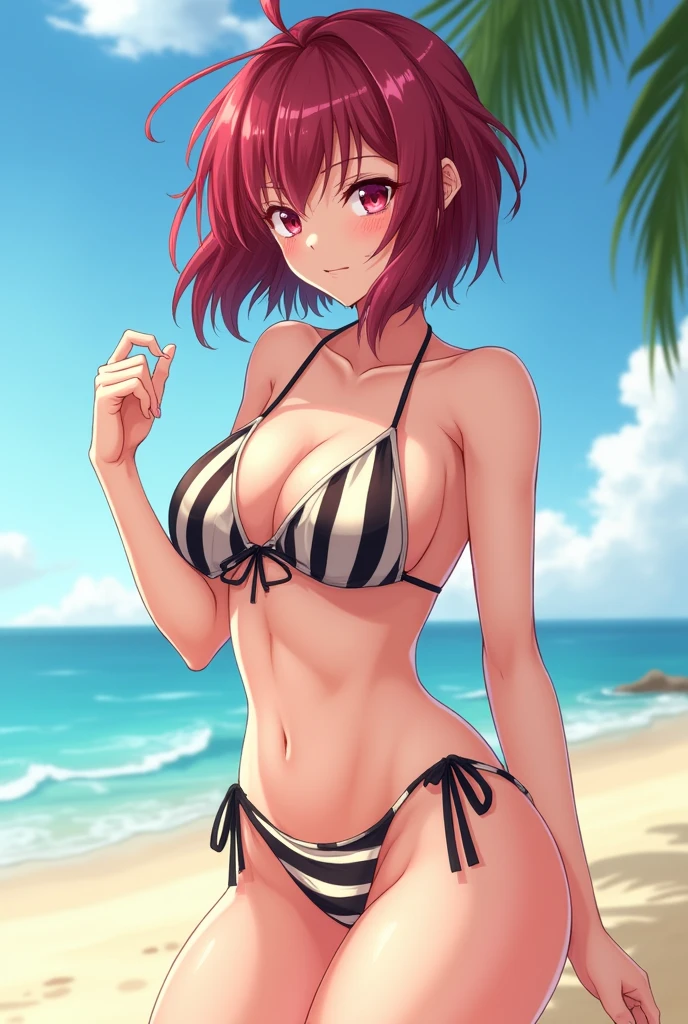 short hair, anime, messy hair, ahoge, reddish wine eyes, reddish wine hair, beach, striped vikini, sexy pose, medium breasts, smile,