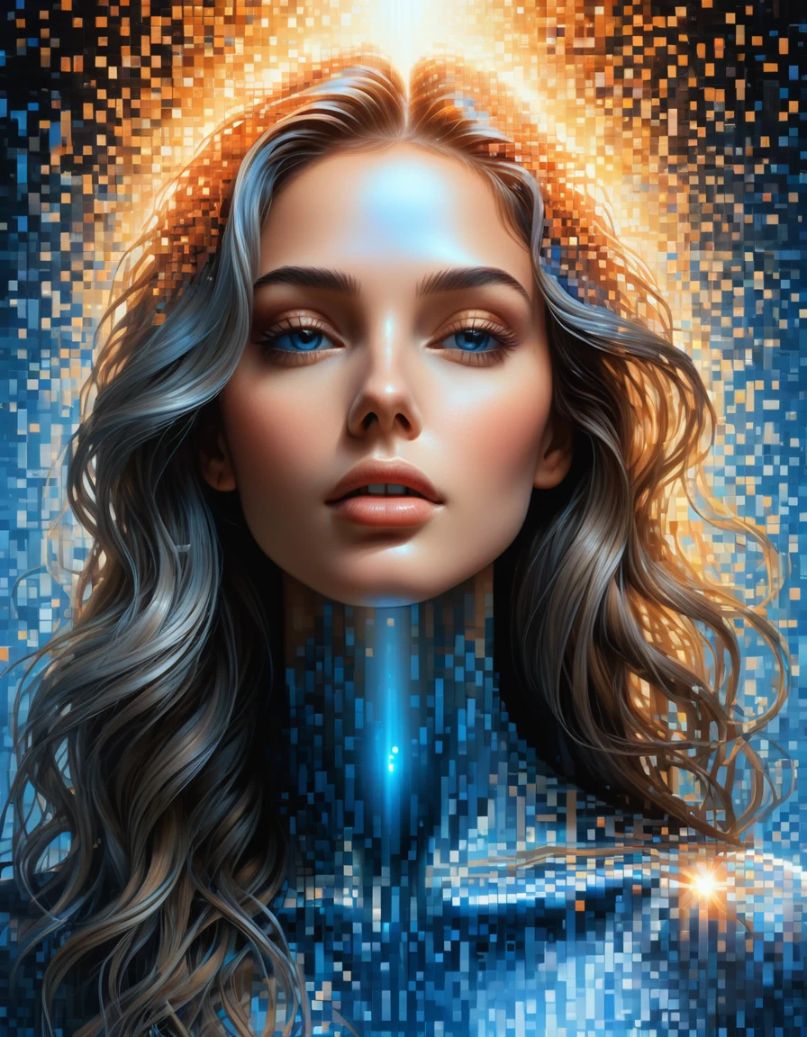 (best quality,4k,8k,highres,masterpiece:1.2),ultra-detailed,(realistic,photorealistic,photo-realistic:1.37), pixel art, woman's portrait, extra long hair，beautiful detailed face, vibrant blue gradient, dissolve effect, intact structure gradually decomposing in mid-air, sunlight streaming through partially hollowed-out sections, holographic cosmic space background