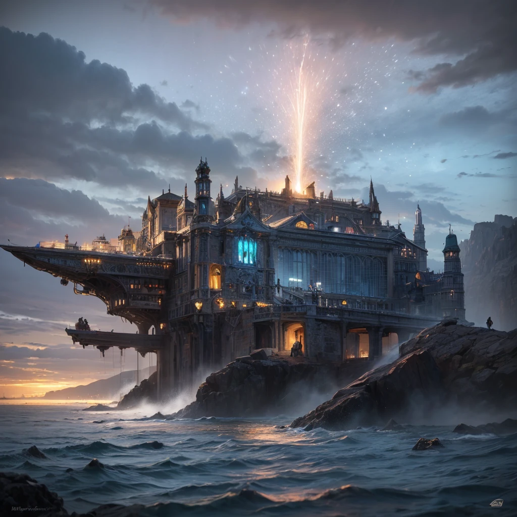 (8k, highest quality, masterpiece, final fantasy style: 1.2), (unRealistic, photoRealistic: 1.37), Dreamy landscape, Fantasy, Unsurreal landscapes, Super detailed, Flying Castle, Floating Island in the Sky, Seven-colored swirl of light, Intense lightning, milky way, Complex Light, Colored light, Large Lake, Starry sky reflected on the lake surface, Countless shining stars, Meteors,  Reflections , (A pillar of light emanated from the ground:1,2), roses and orchids gardens , sunset, pink clouds, waterfalls in the sky, realistic style, Hyperrealism drawing, a flying pirate spaceship floating at the clouds level, burning skyscrapers, cyborgs, timeless realms, stunning  princess  ,  casting spell, healing light magic effect, in a magical lagoon of the fairyland, crystal clear water surface reflections, sharp focus, looking at viewer, (close-up:0.9), (bright white theme:1.2), (bright white tone:1.2), (deep blue tone:1.3),((( realistic, Hyperrealism, vivid colours , landscapes , alien cyborgs , science fiction themes)))