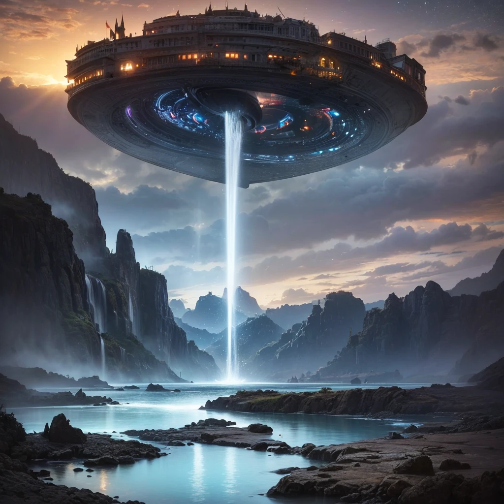 (8k, highest quality, masterpiece, final fantasy style: 1.2), (unRealistic, photoRealistic: 1.37), Dreamy landscape, Fantasy, Unsurreal landscapes, Super detailed, Flying Castle, Floating Island in the Sky, Seven-colored swirl of light, Intense lightning, milky way, Complex Light, Colored light, Large Lake, Starry sky reflected on the lake surface, Countless shining stars, Meteors, Reflections , (A pillar of light emanated from the ground:1,2), roses and orchids gardens , sunset, pink clouds, waterfalls in the sky, realistic style, Hyperrealism drawing, a flying pirate spaceship floating at the clouds level, burning skyscrapers, cyborgs, timeless realms, stunning princess , casting spell, healing light magic effect, in a magical lagoon of the fairyland, crystal clear water surface reflections, sharp focus, looking at viewer, (close-up:0.9), (bright white theme:1.2), (bright white tone:1.2), (deep blue tone:1.3),((( realistic, Hyperrealism, vivid colours , landscapes , alien cyborgs , science fiction themes)))