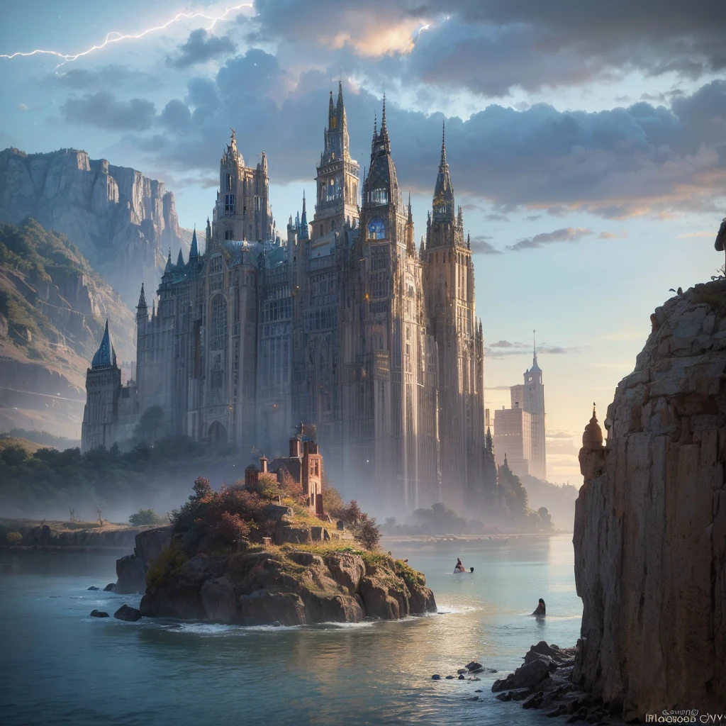 (8k, highest quality, masterpiece, final fantasy style: 1.2), (unRealistic, photoRealistic: 1.37), Dreamy landscape, Fantasy, Unsurreal landscapes, Super detailed, Flying Castle, Floating Island in the Sky, Seven-colored swirl of light, Intense lightning, milky way, Complex Light, Colored light, Large Lake, Starry sky reflected on the lake surface, Countless shining stars, Meteors,  Reflections , (A pillar of light emanated from the ground:1,2), roses and orchids gardens , sunset, pink clouds, waterfalls in the sky, realistic style, Hyperrealism drawing, a flying pirate spaceship floating at the clouds level, burning skyscrapers, cyborgs, timeless realms, stunning  princess  ,  casting spell, healing light magic effect, in a magical lagoon of the fairyland, crystal clear water surface reflections, sharp focus, looking at viewer, (close-up:0.9), (bright white theme:1.2), (bright white tone:1.2), (deep blue tone:1.3),((( realistic, Hyperrealism, vivid colours , landscapes , alien cyborgs , science fiction themes)))