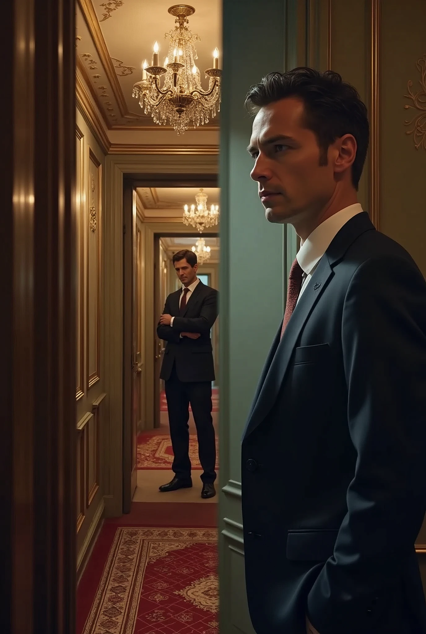 Two  luxurious house plan a robbery. Another man enters the scene, with an unpredictable character and a challenging attitude, but they know each other. Split panel image