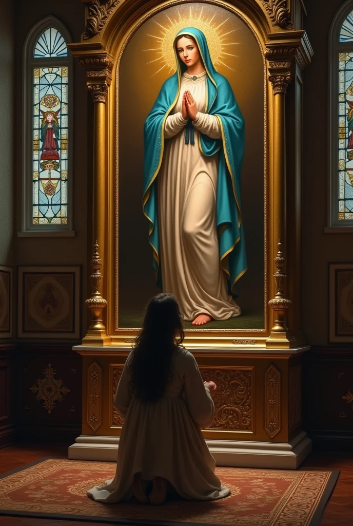 A woman kneeling before the image of the Virgin in a painting