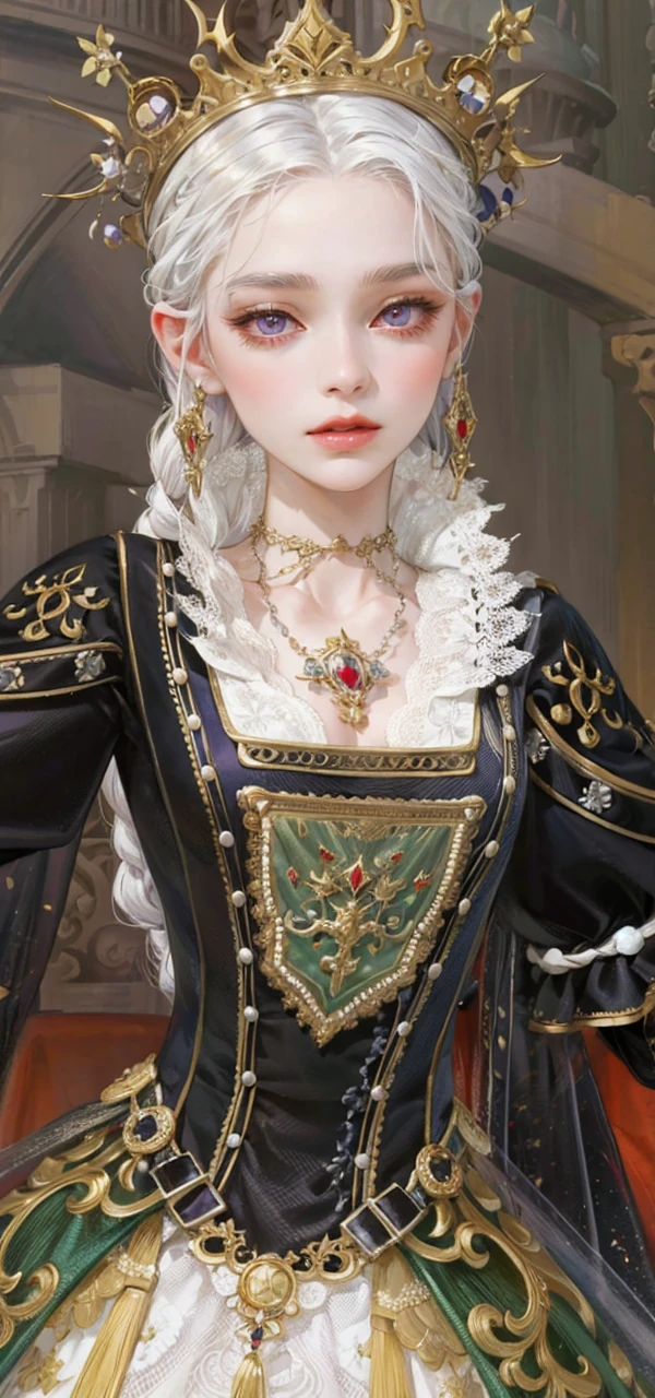 (masterpiece, top quality, best quality, official art, enchanting and aesthetic:1.2), 1female, white silver hair, royal braided hair, violet eyes, white and red dress, red and gold jewelry, high quality details, 4k eyes, white hair, silver white hair, long hair