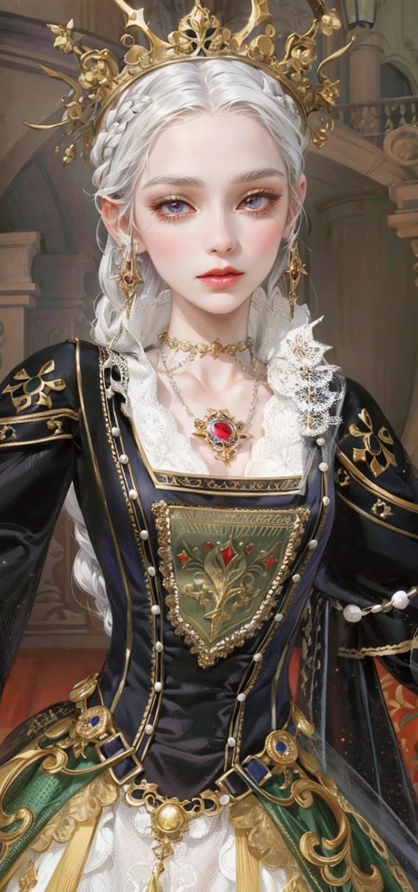 (masterpiece, top quality, best quality, official art, enchanting and aesthetic:1.2), 1female, white silver hair, royal braided hair, violet eyes, white and red dress, red and gold jewelry, high quality details, 4k eyes, white hair, silver white hair, long hair