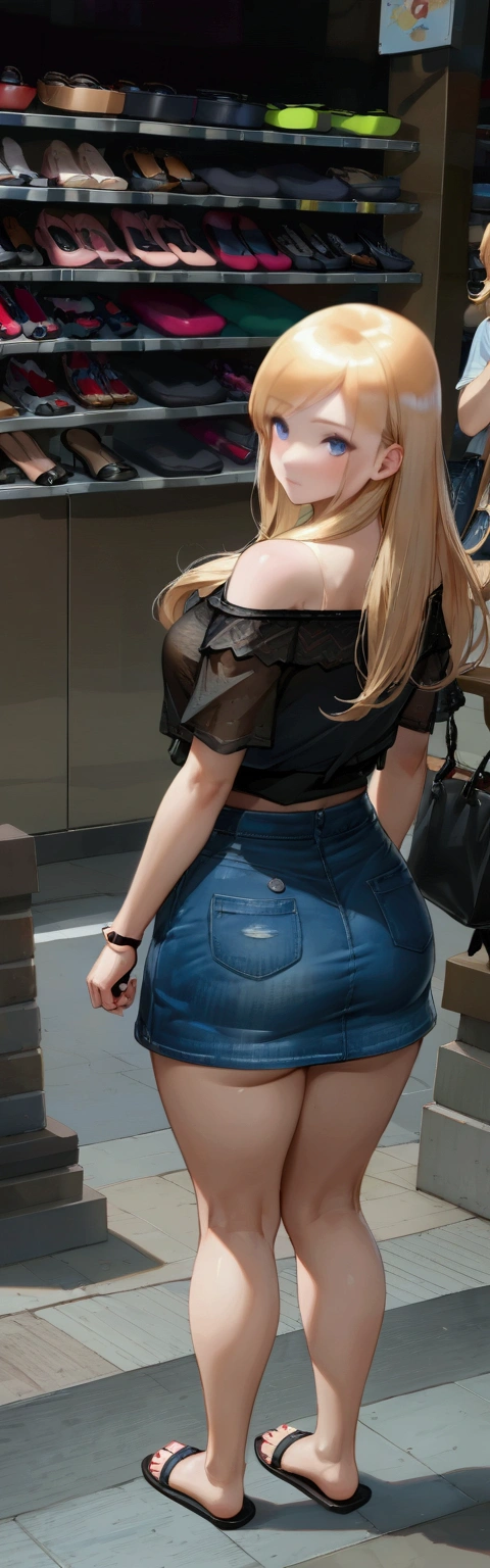 realistic anime illustration of pretty blonde long hair woman is waiting bus at shopping district, (+forehead), she wearing black short sleeve off-shoulder, blue denim pencil mini skirt, black sandals, (front view, looking at viewer), (masterpiece, best quality, japanese anime style), (expressive eyes, perfect face)