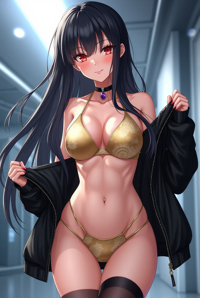 A young woman with long, black hair that flows down her back, styled with a slightly messy look. She has striking red eyes that stand out against her pale skin. She is wearing a revealing, gold-colored halter-top swimsuit with floral patterns and a black choker with a purple pendant. The top accentuates her chest and is paired with black thigh-high stockings. She is pulling at the edges of an open black jacket, which she is wearing loosely over her shoulders. Her expression is slightly shy or embarrassed, with a blush on her cheeks. The image has a subtle sheen of sweat on her skin, giving the impression of heat or exertion. The background is a futuristic setting, possibly with metallic structures or neon lights, enhancing the overall sci-fi aesthetic. The style is anime-inspired, with smooth lines, soft shading, and a focus on the character's curvaceous figure.