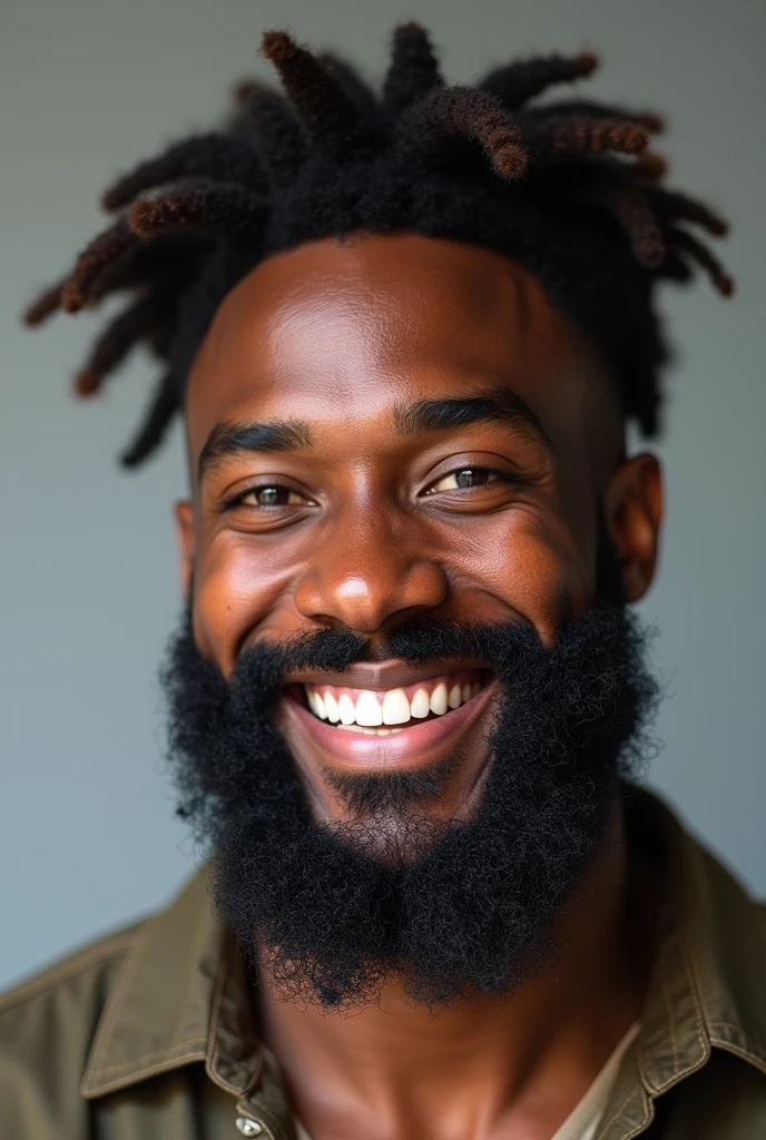 Create me an image for Facebook that is an avatar for my profile where I am someone smiling and dark-skinned, with a lumberjack beard waving