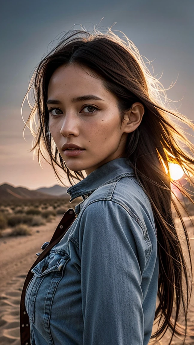 masterpiece, Transition to a desert landscape at sunset, a lonely figure, A beautiful 32-year-old American woman emerges wearing beautiful post-apocalyptic nomadic clothing., White skin, by rubio, gray blue eyes, Freckles in the face, slim body for running, small breasts, Very detailed face, ultra realistic face, very beautiful face, clean but tired face, post-apocalyptic clothing. Layers of tattered fabric, unconventional accessories, and a worn appearance create an aura of survival and resistance., 16k, ultra high resolution.photorealistic, HD, raw, DSLR, with the face of jeniffer lawrence
