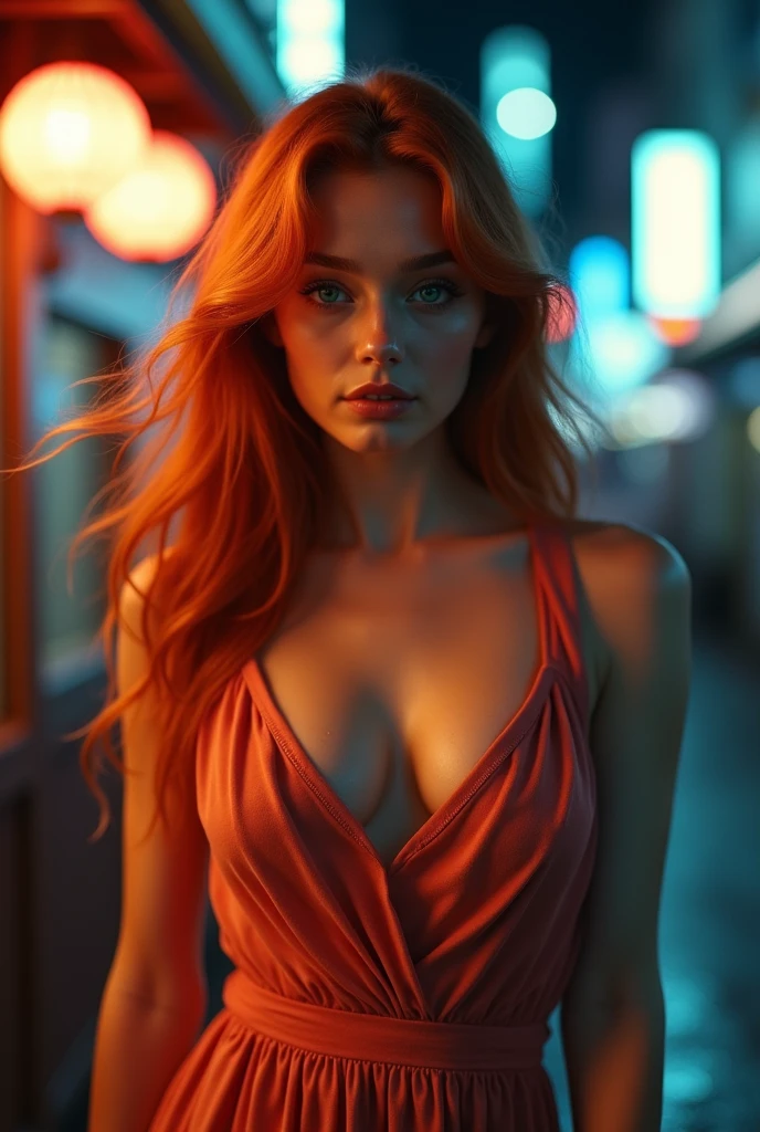 (masterpiece: 1.5) (photorealistic: 1.1) (8k) (HdR) (cinematic lighting),Naughty woman, 28 years old, woman in love, big chest, Studio lighting with bright and vibrant colors, romantic expression, very detailed skin, detailed and expressive eyes, turquoise eyes, long hair flying in the wind, Red hair, medium build body, Red lips, soft makeup, European atmosphere, Whole body, standing,high heel, (She), walking distractedly at night, on some street in Tokyo,