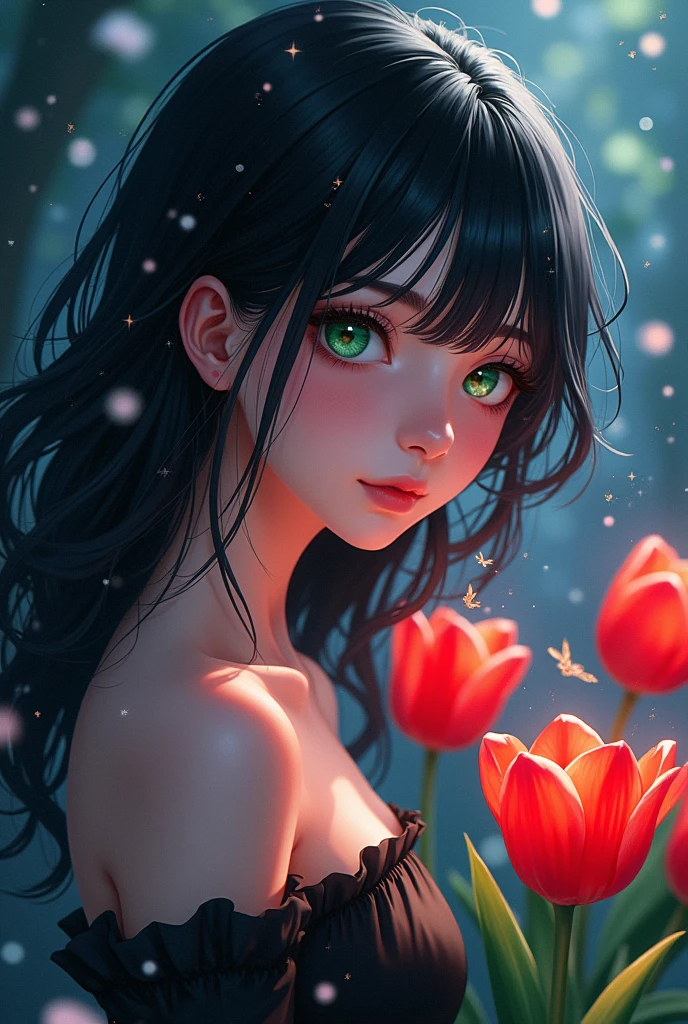 Fluorescent Color, 1 girl, Look at the side, Pretty Face, beautiful eyes, (Off-shoulder: 1.2), Upper Body, Shiny hair, Shiny skin, Reduce glare emissions, The fingers are in good proportion, dark, Ass PoV, Dynamic Angle, (((Main Part))), (((Best quality))), ((Ultra Detail)), (illustration), (Detailed lighting), ((Extremely delicate and beautiful)), dramatic_Gradient, Lightning strike_track, reflection, Ultra-high resolution, 一个女人走在dark地方,Surrounded by sparkling snowflakes and small dots of light, Your black hair flutters in the wind, Bright green eyes looking at red tulips with shining butterflies around them, Black-haired woman, 女人在一个dark地方,There are spots of light and sparkling snowflakes everywhere, shining butterflies, Black-haired woman, Points of light around woman, Magic Aura, Green Eyes, Supernatural aura, super Magic Aura black hair woman