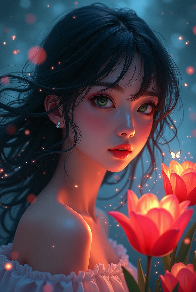 Fluorescent Color, 1 girl, Look at the side, Pretty Face, beautiful eyes, (Off-shoulder: 1.2), Upper Body, Shiny hair, Shiny skin, Reduce glare emissions, The fingers are in good proportion, dark, Ass PoV, Dynamic Angle, (((Main Part))), (((Best quality))), ((Ultra Detail)), (illustration), (Detailed lighting), ((Extremely delicate and beautiful)), dramatic_Gradient, Lightning strike_track, reflection, Ultra-high resolution, 一个女人走在dark地方,Surrounded by sparkling snowflakes and small dots of light, Your black hair flutters in the wind, Bright green eyes looking at red tulips with shining butterflies around them, Black-haired woman, 女人在一个dark地方,There are spots of light and sparkling snowflakes everywhere, shining butterflies, Black-haired woman, Points of light around woman, Magic Aura, Green Eyes, Supernatural aura, super Magic Aura black hair woman