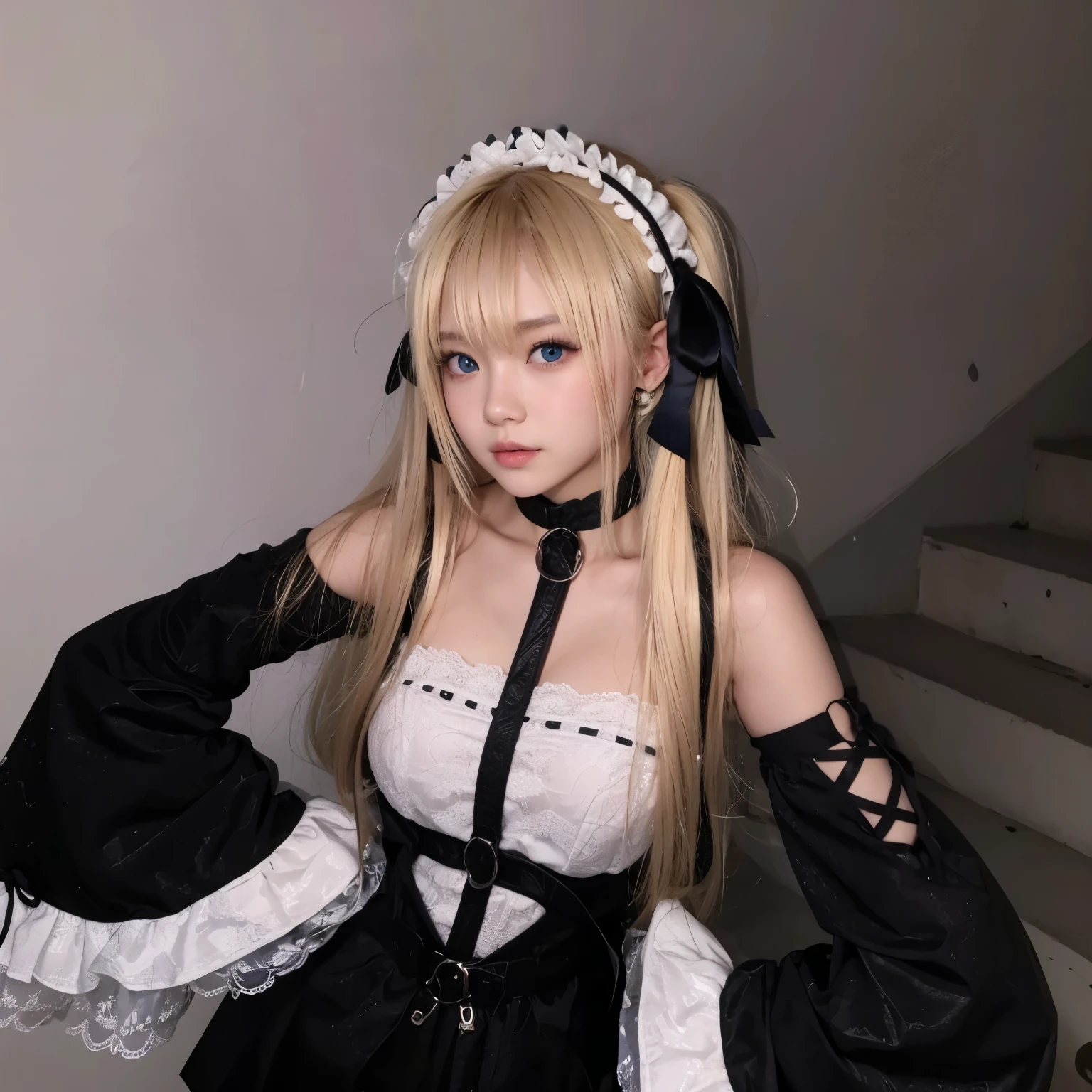 Cute Asian girl, blonde, blue colored eyes