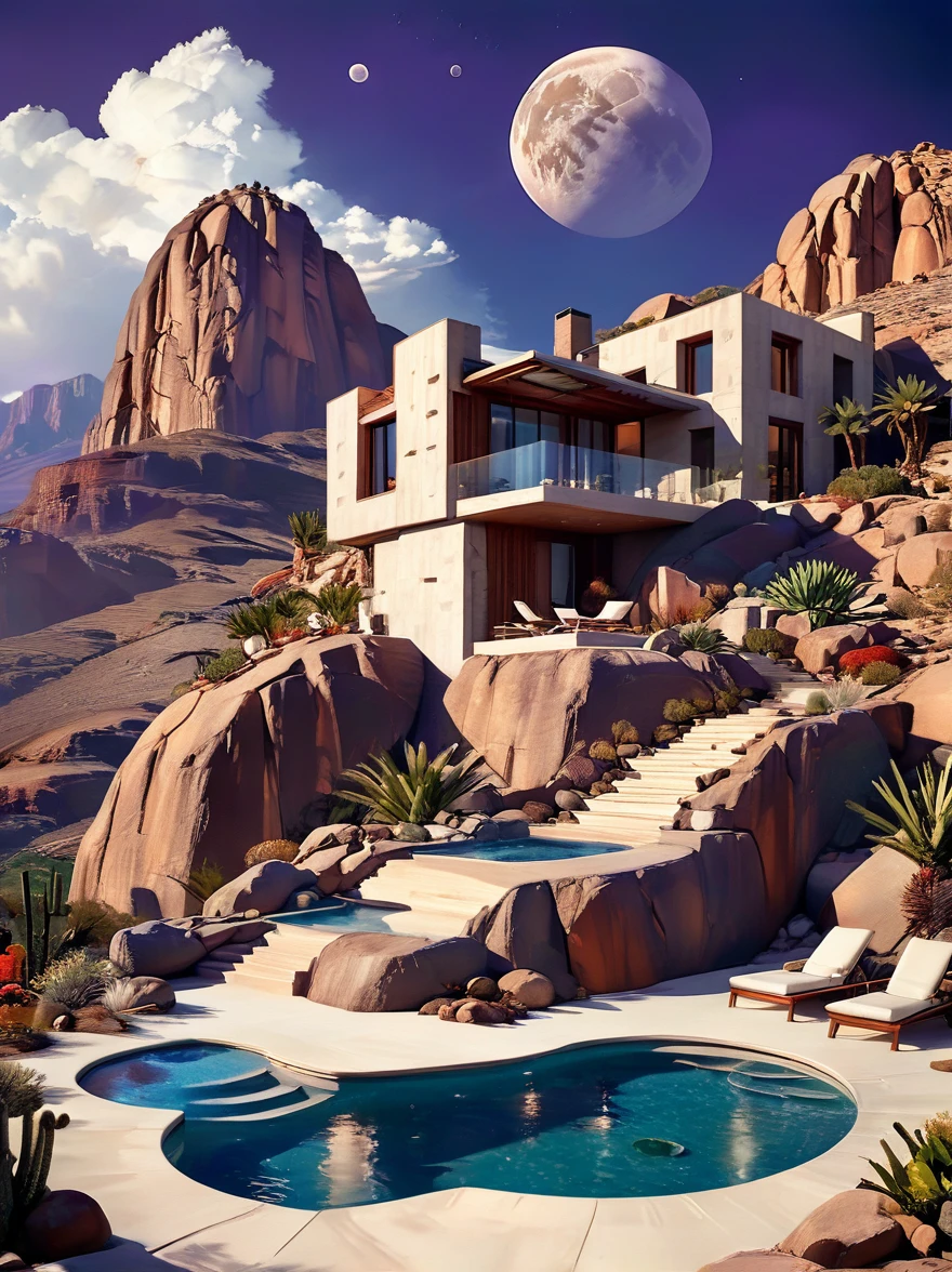 small and beautiful modern house in top of big boulders, terraces, pool, stairs, multiple cacti gardens, palms, trees, rocks, beautiful landscape design, mountains and volcano y background, amazing clouds, sun, moon, planets, milky way galaxy, concrete, wood, glass and steel materials, olive green, violet, orange and withe colors in facade