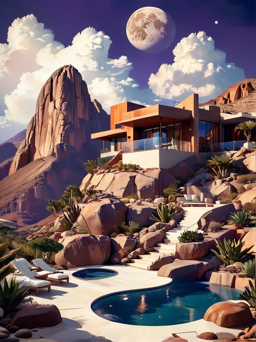 small and beautiful modern house in top of big boulders, terraces, pool, stairs, multiple cacti gardens, palms, trees, rocks, beautiful landscape design, mountains and volcano y background, amazing clouds, sun, moon, planets, milky way galaxy, concrete, wood, glass and steel materials, olive green, violet, orange and withe colors in facade