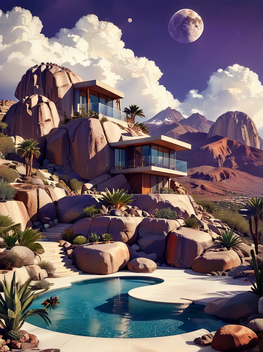 small and beautiful modern house in top of big boulders, terraces, pool, stairs, multiple cacti gardens, palms, trees, rocks, beautiful landscape design, mountains and volcano y background, amazing clouds, sun, moon, planets, milky way galaxy, concrete, wood, glass and steel materials, olive green, violet, orange and withe colors in facade