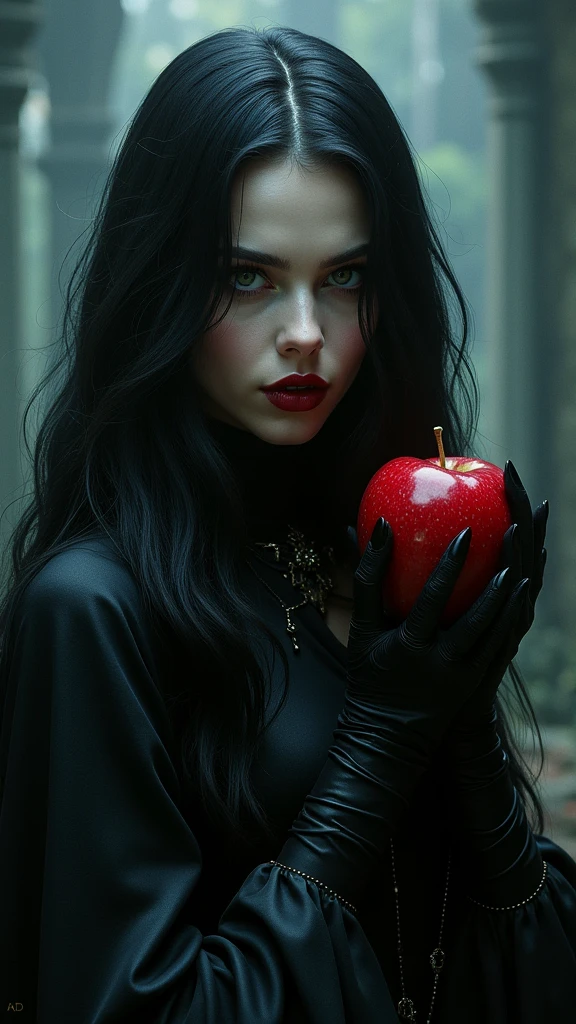 A girl with long black hair, wearing a dark queen-like outfit, holding a red apple in her hand, sinister and mysterious expression, dramatic lighting, dark fantasy, surreal, oil painting, 8k, highly detailed, hyper-realistic, cinematic lighting, dramatic color palette, dark queen, apple of eden, poison apple, red lipstick, gothic, dark fantasy, dramatic pose, conceptual art