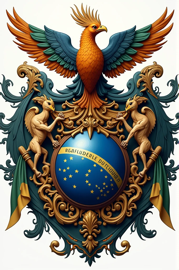 Create a coat of arms with the phrase "banisd" with the following details: vases Marajoaras, a phoenix in the background, two pairs of drumsticks, Colors like blue, green and gold, Grifos, and the flag of Brazil and the flag of the State of Pará