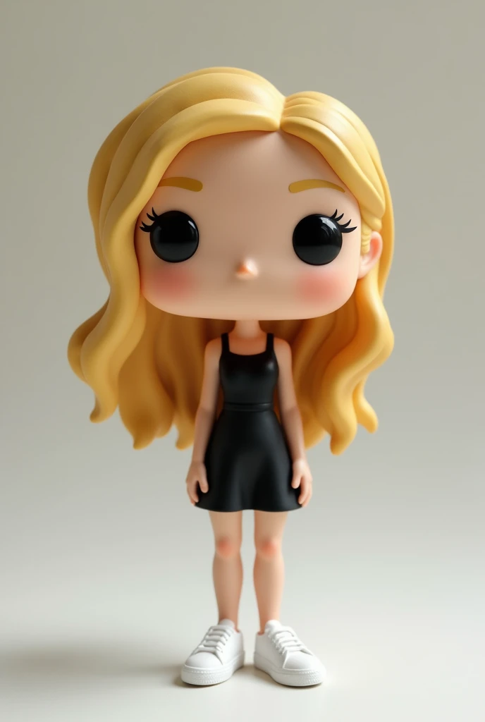 Make a funko pop of a blonde, delicate wearing a black dress and white all star
