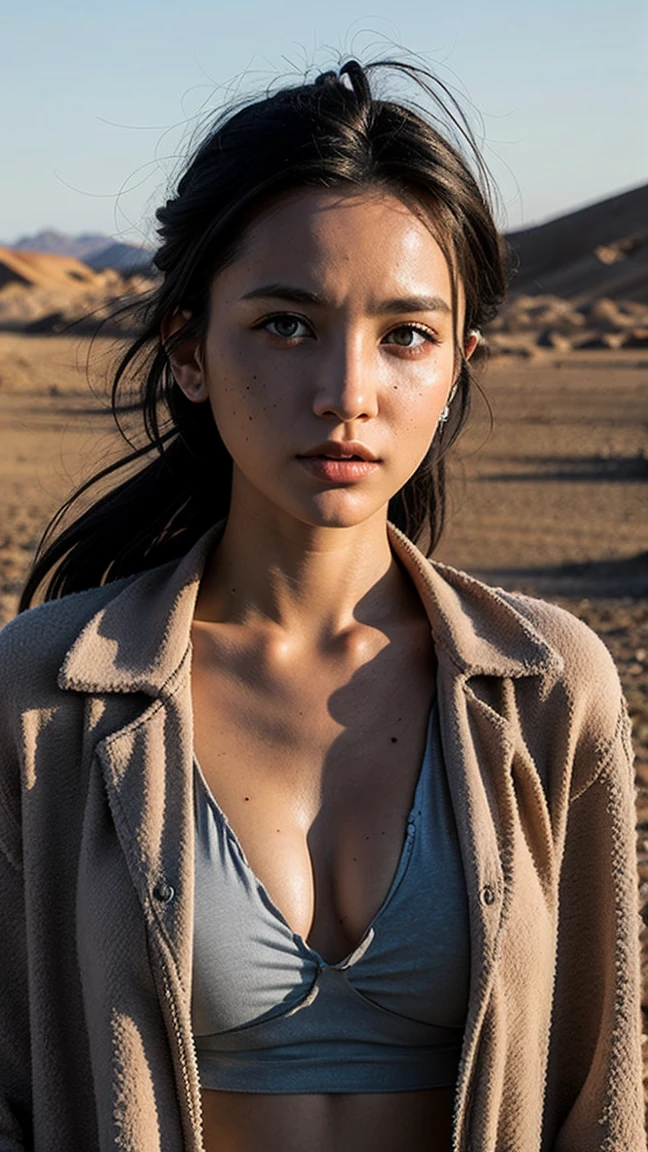 masterpiece, Transition to a desert landscape at sunset, a lonely figure, A beautiful 32-year-old American woman emerges wearing beautiful post-apocalyptic nomadic clothing., White skin, by rubio, gray blue eyes, Freckles in the face, slim body for running, small breasts, Very detailed face, ultra realistic face, very beautiful face, clean but tired face, post-apocalyptic clothing. Layers of tattered fabric, unconventional accessories, and a worn appearance create an aura of survival and resistance., 16k, ultra high resolution.photorealistic, HD, raw, DSLR, with the face of jeniffer lawrence