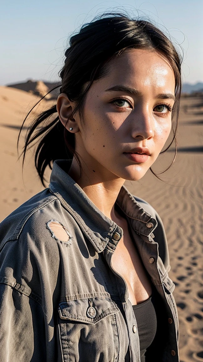 masterpiece, Transition to a desert landscape at sunset, a lonely figure, A beautiful 32-year-old American woman emerges wearing beautiful post-apocalyptic nomadic clothing., White skin, by rubio, gray blue eyes, Freckles in the face, slim body for running, small breasts, Very detailed face, ultra realistic face, very beautiful face, clean but tired face, post-apocalyptic clothing. Layers of tattered fabric, unconventional accessories, and a worn appearance create an aura of survival and resistance., 16k, ultra high resolution.photorealistic, HD, raw, DSLR, with the face of jeniffer lawrence