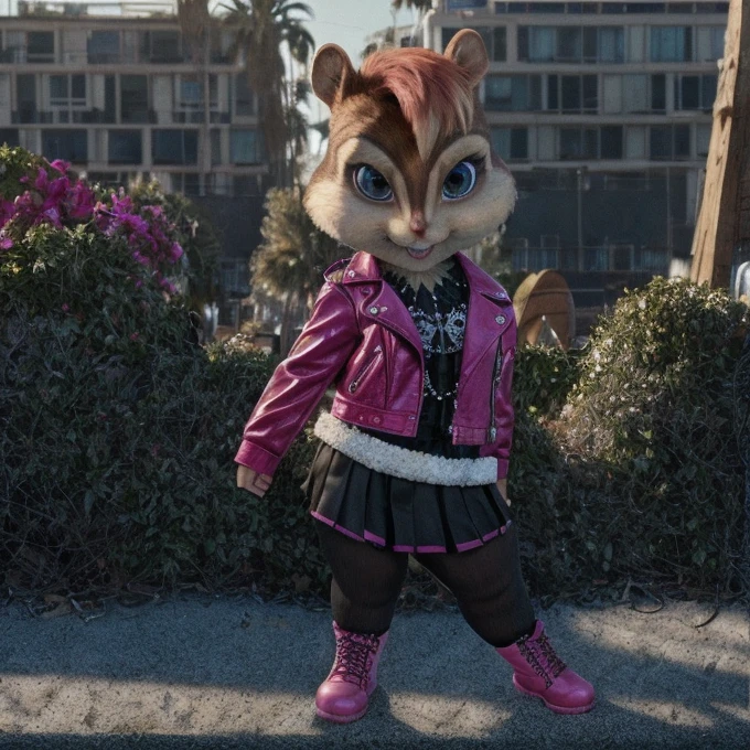 score_9, score_8_up, score_7, score_6, Santa Monica, brittany miller, chipmunk, furry, short ears, goth outfit, pink leather jacket, pink goth skirt, black leggings, pink boots, looking at viewer, 6 inches tall