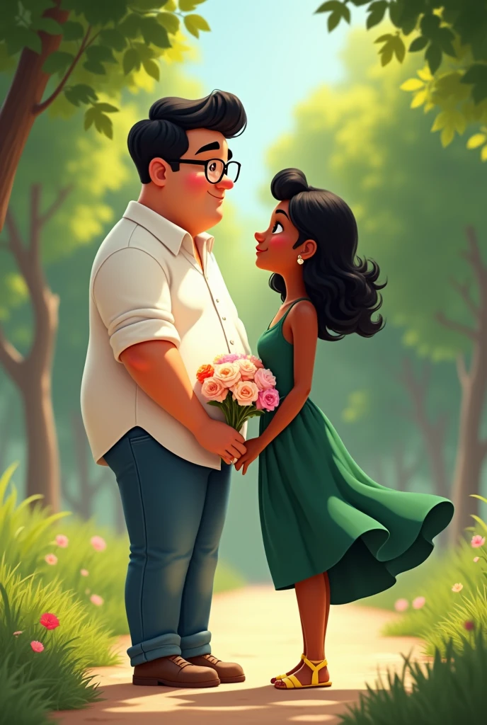 Pixar-style poster of a couple, the tall boy white skin tone black hair, of chubby physique, with glasses white button down shirt hugging a short slim girl with dark skin tone and long curly black hair wearing a dark green strappy dress with pastel yellow sandals with flowers in her hands with a background behind them of a park, the boy looking at her