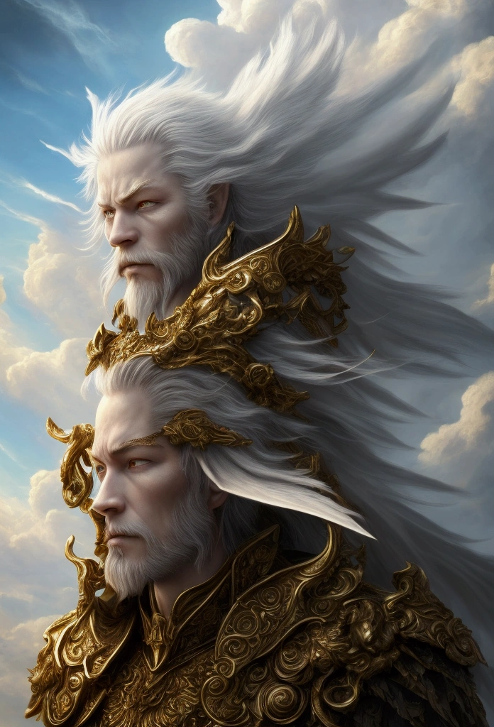 ((work of art)),((best qualityer)),((high détail)), ((ultra detaild)) cartoonist illustration, aerial view, Beautiful sky, deformed clouds, A being (a god)  transdimensional who is abrogenero with angelic appearance and very handsome who has albinism and with several beautiful gold plated accessories and who has a white stripe in his eyes