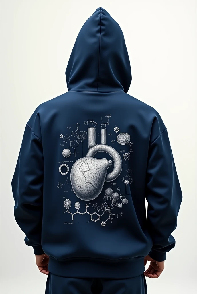 Create an image of a navy blue hoodie with no closure where on the back you can see a very detailed drawing of a human body organ but used creatively, not too large and around it there are a few images related to chemistry without it looking so saturated., that the drawing is not colored, only the outer lines are visible. The front of the sweatshirt should not have anything and the back is where the organ will be worn. It should be a simple style but with a lot of detail.