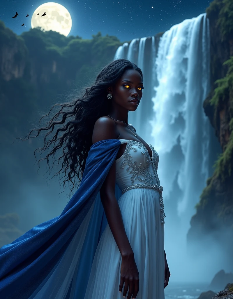 an (anime art portrait: 1.3) picture of an exquisite beautiful female African vampire standing under the starry night sky at the base of the waterfall, ultra feminine, black skin, dynamic hair color, wavy hair, dynamic eyes color, (yellow glowing eyes: 1.3), (vampire fangs: 1.5), cold eyes, glowing eyes, intense eyes, dark red lips, wearing white dress, wearing blue cloak, ultra best realistic, best details, best quality, 16k, [ultra detailed], masterpiece, best quality, (extremely detailed), photorealism, depth of field, hyper realistic painting, sky full of stars background, moon, bats flying about, high details, best quality, 8k, [ultra detailed], masterpiece, best quality, (ultra detailed),