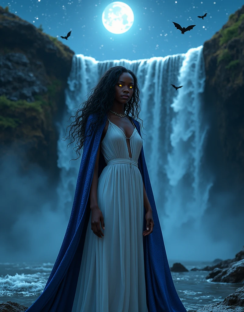 an (anime art portrait: 1.3) picture of an exquisite beautiful female African vampire standing under the starry night sky at the base of the waterfall, ultra feminine, black skin, dynamic hair color, wavy hair, dynamic eyes color, (yellow glowing eyes: 1.3), (vampire fangs: 1.5), cold eyes, glowing eyes, intense eyes, dark red lips, wearing white dress, wearing blue cloak, ultra best realistic, best details, best quality, 16k, [ultra detailed], masterpiece, best quality, (extremely detailed), photorealism, depth of field, hyper realistic painting, sky full of stars background, moon, bats flying about, high details, best quality, 8k, [ultra detailed], masterpiece, best quality, (ultra detailed),