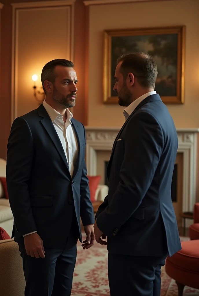 Two men in their 30s in a luxurious house are discussing their plan for the robbery.