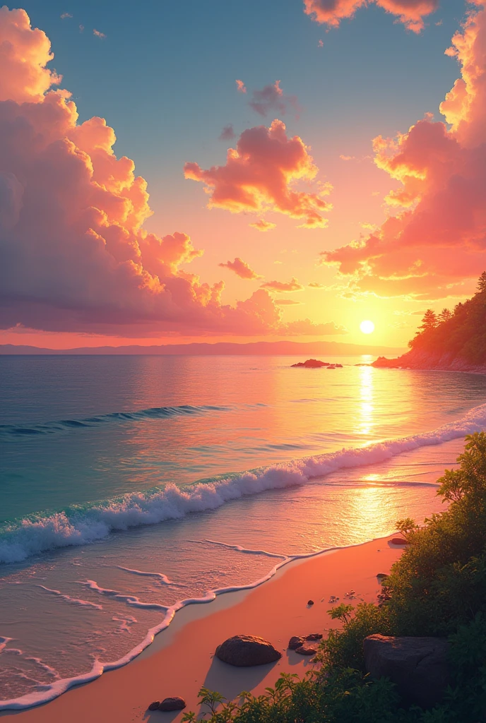 landscape, summer, sunset, okinawa, sea, uninhabited, beach, nobody, hot weather, sunset, HD detail, ultra detail, film, hyperrealism, soft light, deep focus bokeh, ray tracing, art station pixiv gwise, makoto shinkai, art germ
