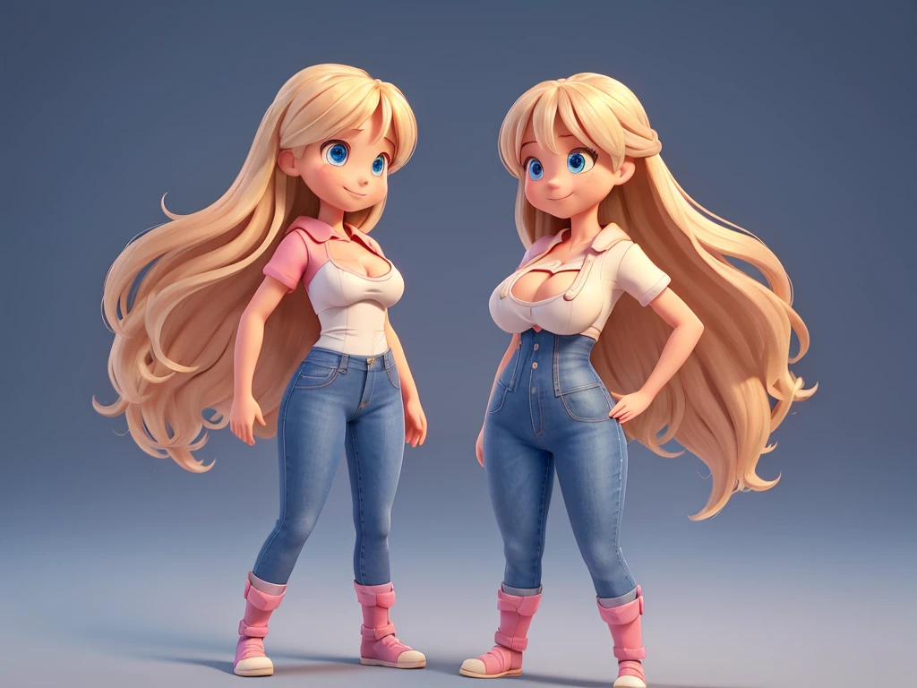 small woman, long dark blonde hair, cute face, cute smile, blue eyes, big boobs, slim waist, wide hips,  huge ass, wide thighs, pink skin, multiple views of the same character, model sheet, character sheet, character sheet, front view, FEET TOGETHER, standing, arms outstretched to the sides, side view, profile view, standing, look to the right