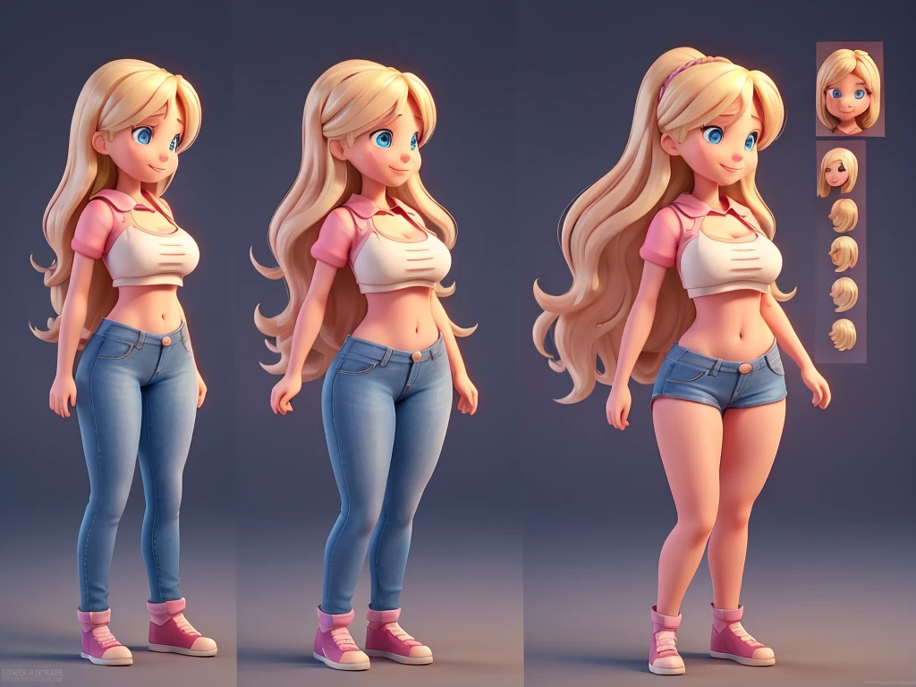 small woman, long dark blonde hair, cute face, cute smile, blue eyes, big boobs, slim waist, wide hips, huge ass, wide thighs, pink skin, multiple views of the same character, model sheet, character sheet, character sheet, front view, FEET TOGETHER, standing, arms outstretched to the sides, side view, profile view, standing, look to the right