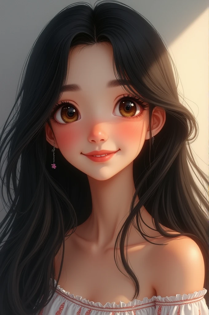 Make a beautifu black long hairs with beautiful smile young girl
