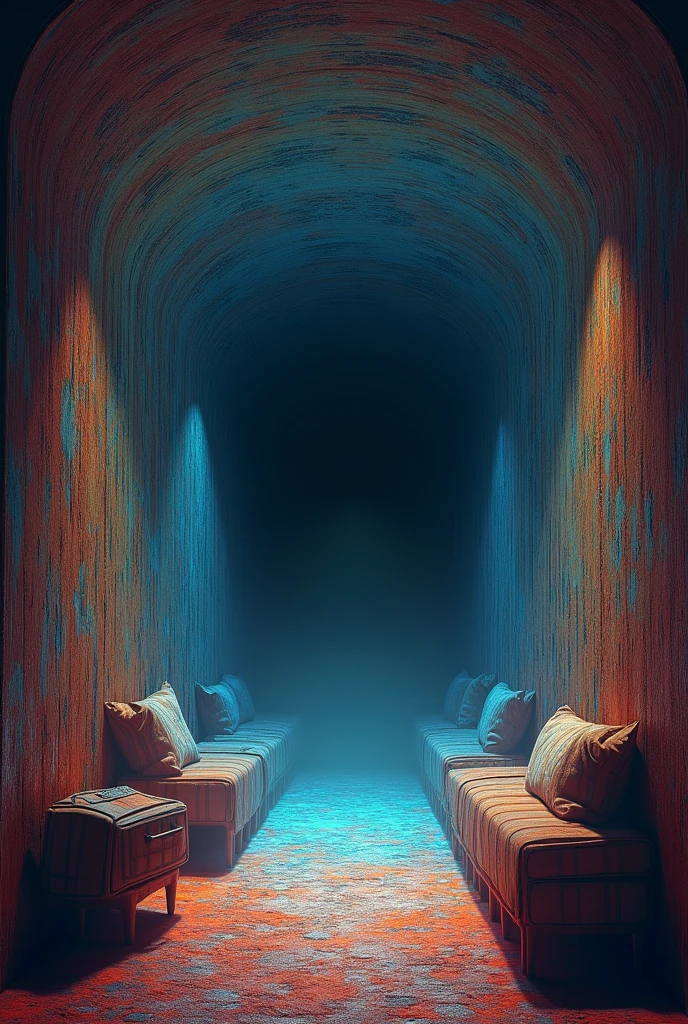 Photorealistic dmt trip in a tunnel made from the walls of my room going inside to a dark mist and the structure of tunnel is made of stages going to the mist