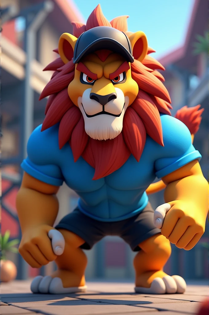 Brawl stars lion with a blue shirt who is exercising and has a black cap